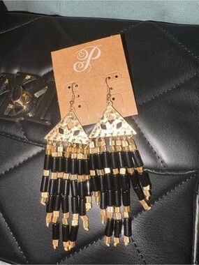 Plunder Black and Gold Beaded Fringe Statement Earrings